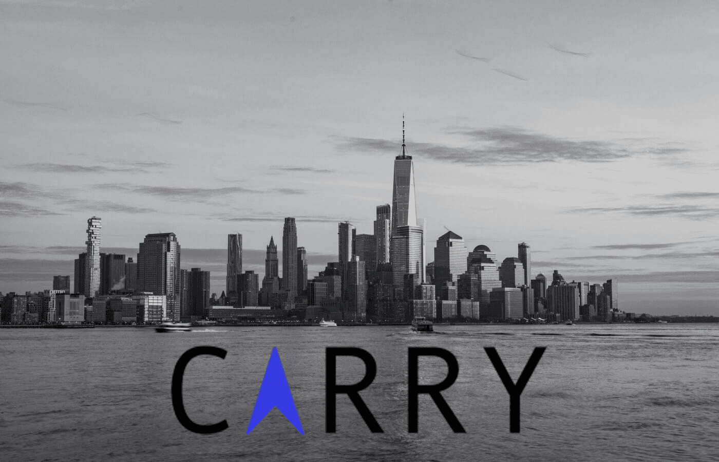 A photo of the manhattan skyline looking at wall street from the south, with the carry logo overlaid.